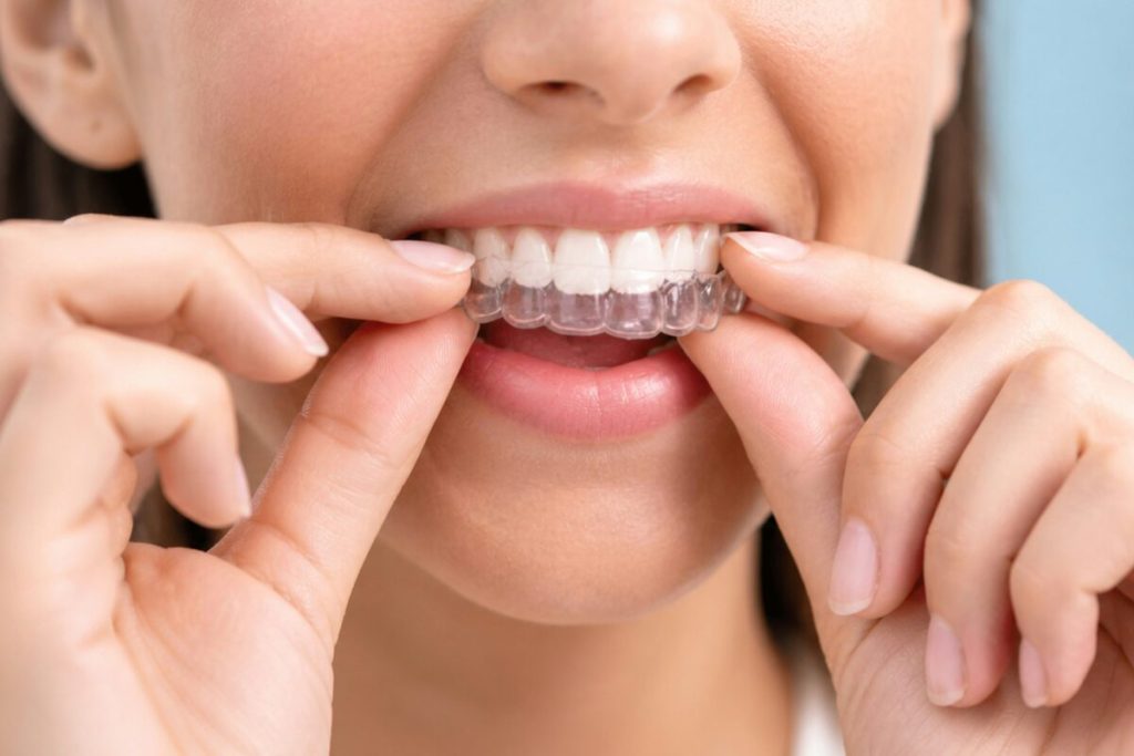A smiling woman presses a clear aligner onto her upper teeth
