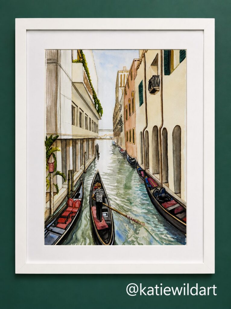 A watercolour of a Venice canal with gondolas between tall buildings