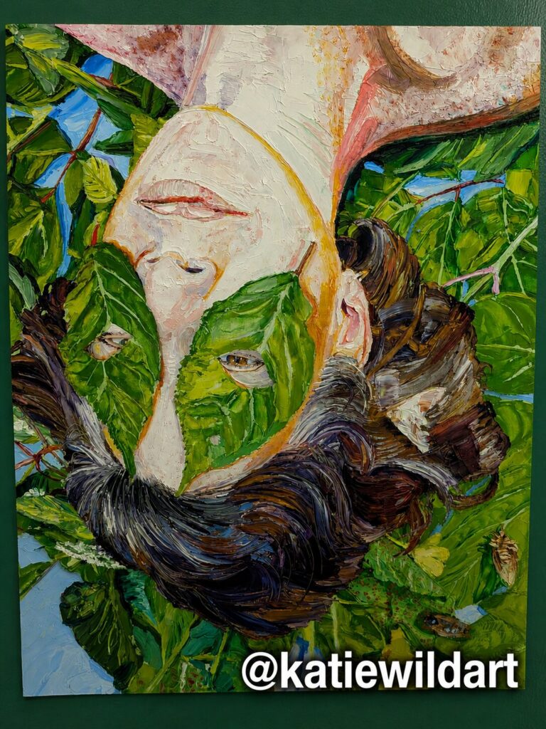 A thickly painted portrait of a woman, upside down, her face half hidden by green leaves