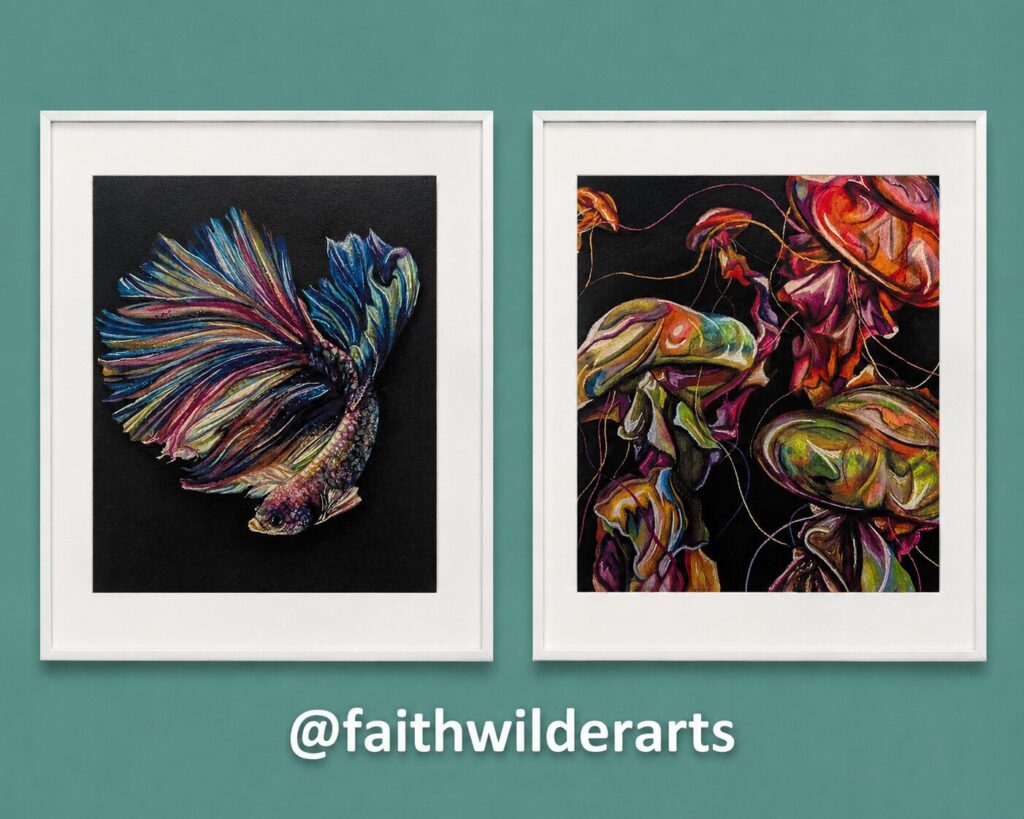 Two framed drawings by Faith Wilder on black: a betta fish with flowing fins, and jellyfish