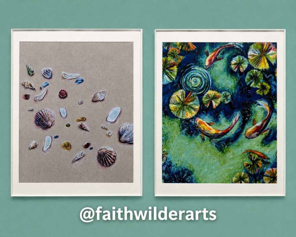 Two framed drawings by Faith Wilder: seashells scattered on grey paper, and koi among lily pads