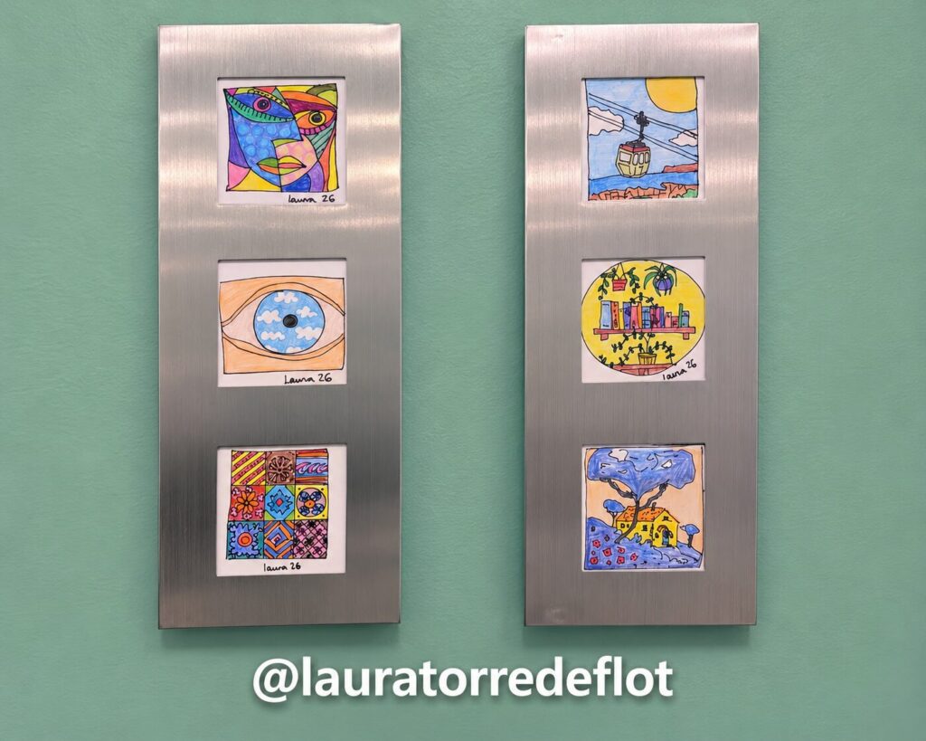 Two brushed-metal frames, each holding three small colourful drawings: a cubist face, an eye, a patterned tile, a cable car, a bookshelf and a house under a tree